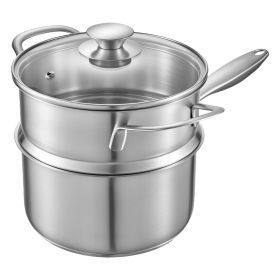 2.5 QT Saucepan with Steamer, Stainless Steel Saucepan with Glass Lid, Multipurpose Nonstick Stainless Steel Sauce Pot with Ergonomic Handle, Friendly