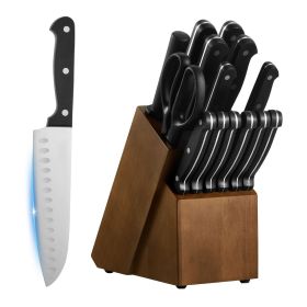 Kitchen Knife Set with Block and Sharpener, 15 Piece German High Carbon Stainless Steel Knife Set, Kitchen Cutlery with ABS Ergonomic Handle, Sharpeni